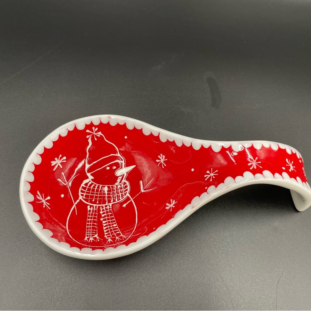 Christmas Snowman red & white Hausenware 10.5 inch spoon rest